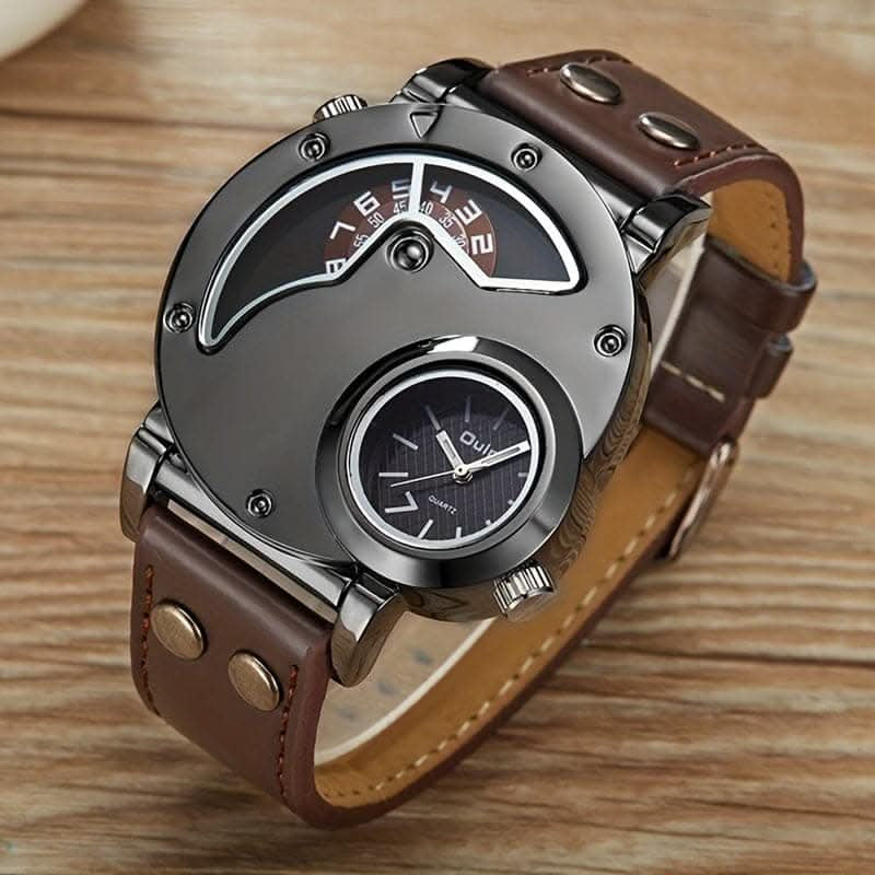 Unique Double Time Zone Men'S Sports Quartz Watch with PU Leather Strap