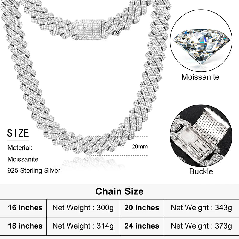 【#L42#N8 20Mm】 92Silver Cuban Link Chain Moissanite Hip Hop Jewelry Miami Necklace Fashion Gift