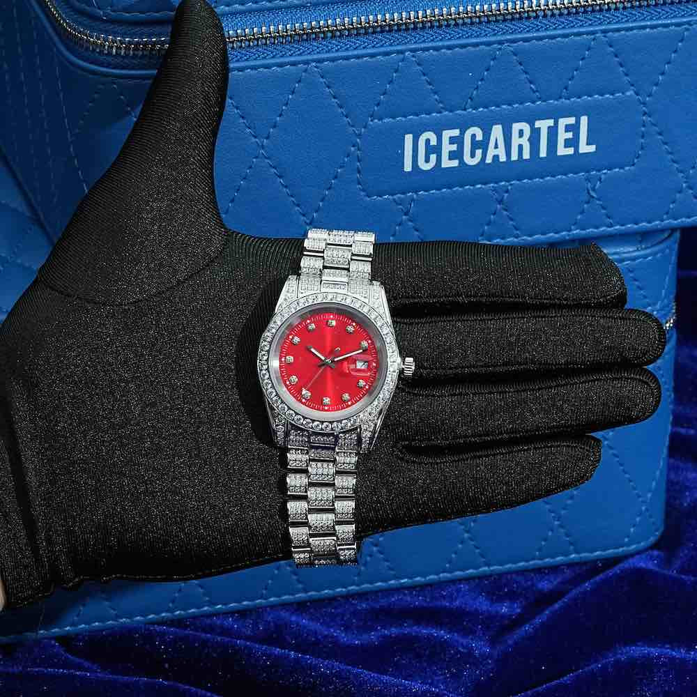 Moissanite Presidential Watch | Red Face | 41MM | 13.3CT Iced Out | 14K White Gold
