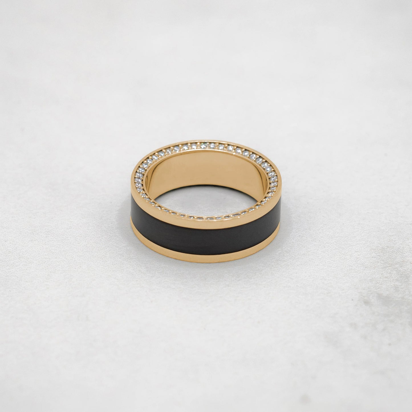 Black Diamond - Men’S Ring 8Mm - Yellow Gold Band W Black Diamond Inlay and Diamond Insets - ZEUS -