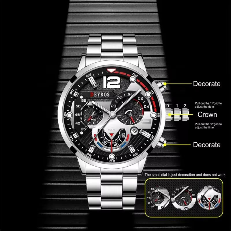 2Pcs Luxury Mens Silver Quartz Watch with Stainless Steel Bracelet Men Fashion Business Casual Watch Luminous Clock