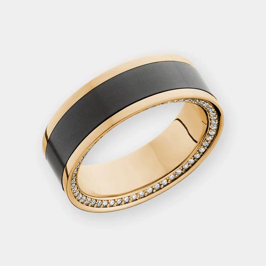 Black Diamond - Men’S Ring 8Mm - Yellow Gold Band W Black Diamond Inlay and Diamond Insets - ZEUS -