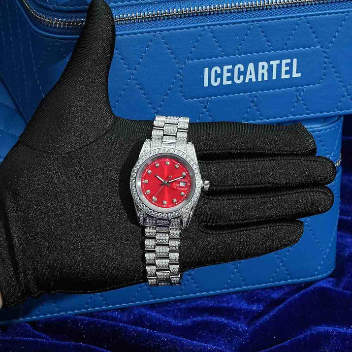 Moissanite Presidential Watch | Red Face | 41MM | 13.3CT Iced Out | 14K White Gold
