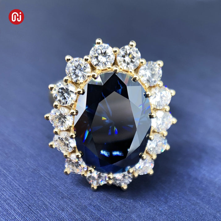 8.0Ct Moissanite Dark Blue Diana Same Style Oval 18K Yellow Gold Ring Jewelry Anniversary Wedding Engageme Woman Gift