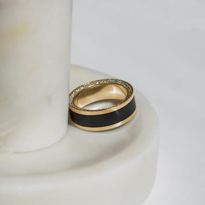 Black Diamond - Men’S Ring 8Mm - Yellow Gold Band W Black Diamond Inlay and Diamond Insets - ZEUS -
