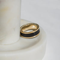 Black Diamond - Men’S Ring 8Mm - Yellow Gold Band W Black Diamond Inlay and Diamond Insets - ZEUS -