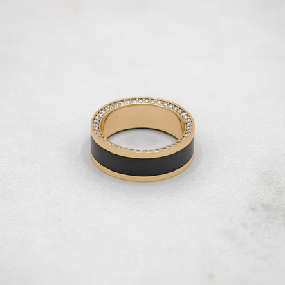 Black Diamond - Men’S Ring 8Mm - Yellow Gold Band W Black Diamond Inlay and Diamond Insets - ZEUS -