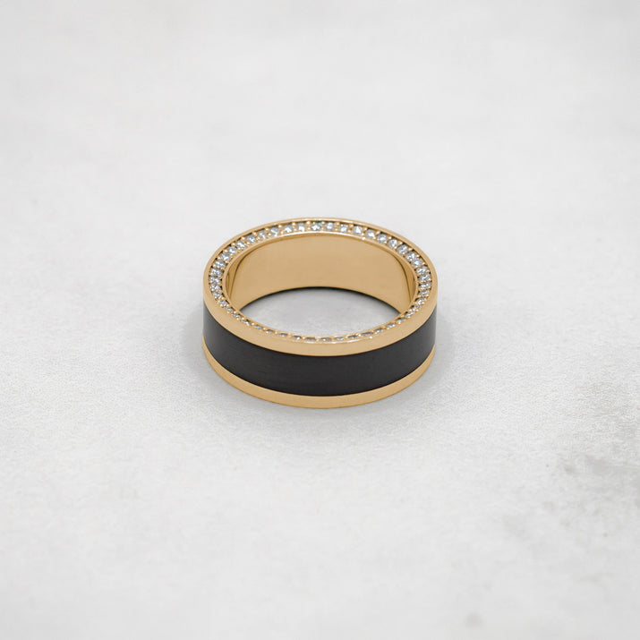 Black Diamond - Men’S Ring 8Mm - Yellow Gold Band W Black Diamond Inlay and Diamond Insets - ZEUS -