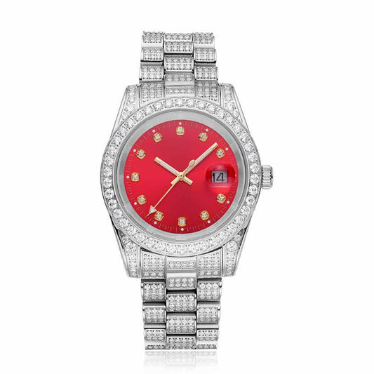 Moissanite Presidential Watch | Red Face | 41MM | 13.3CT Iced Out | 14K White Gold