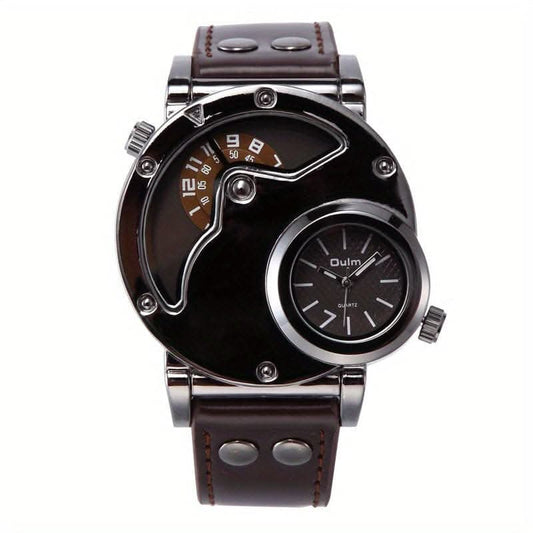 Unique Double Time Zone Men'S Sports Quartz Watch with PU Leather Strap